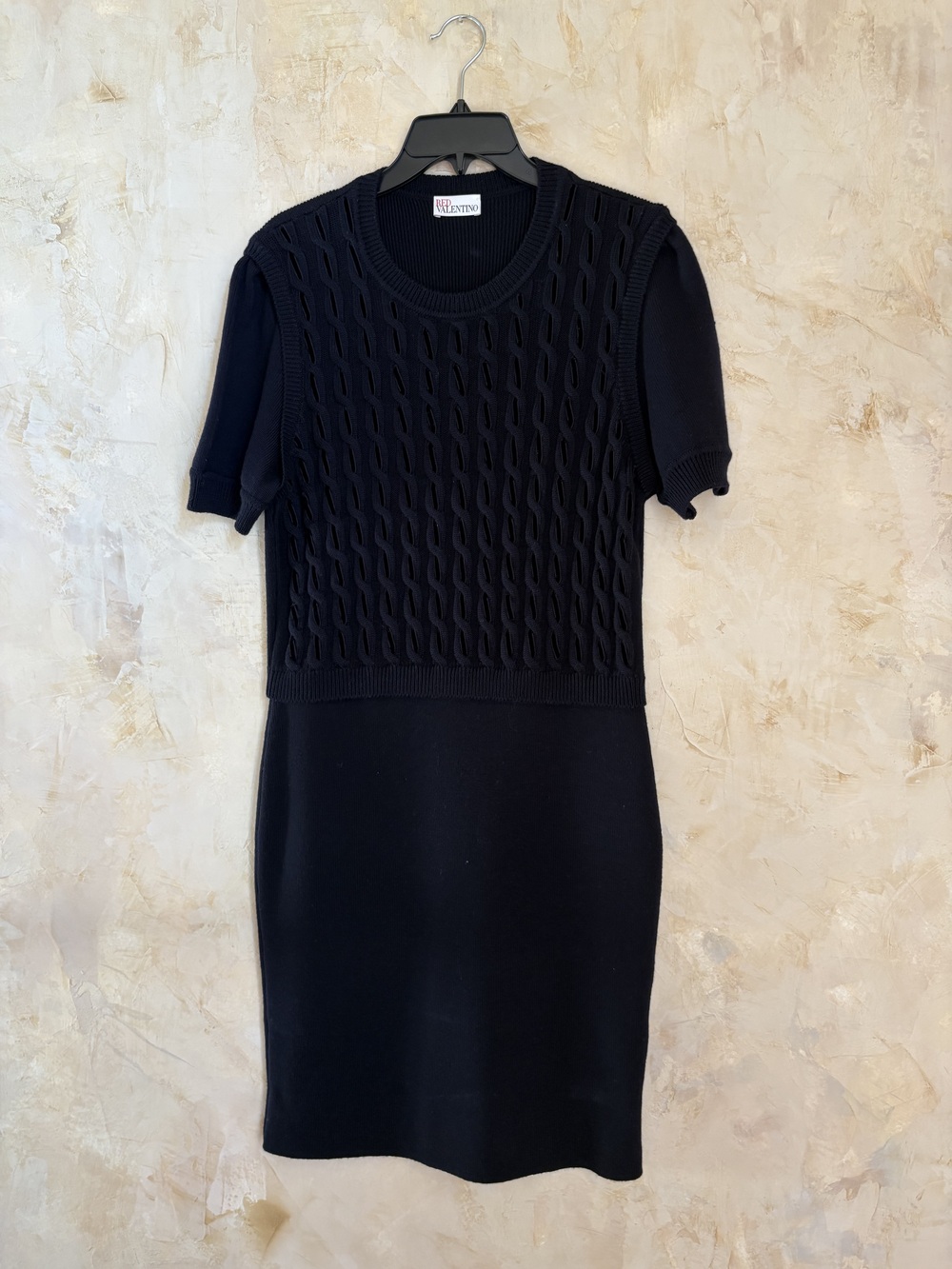 Red Valentino Virgin Wool Cable Knit Sweater Dress In Midnight Blu, size XL